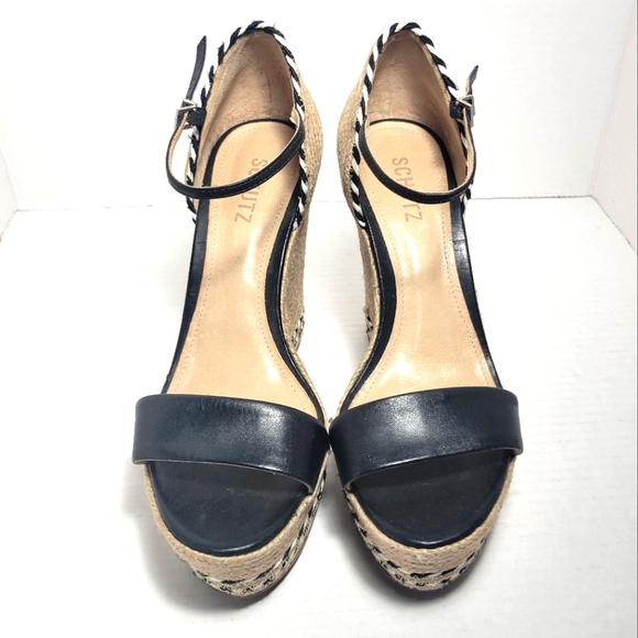 NWT SCHUTZ Black Leather Espadrille Wedges with Stripe Rope Piping - Picture 2 of 12